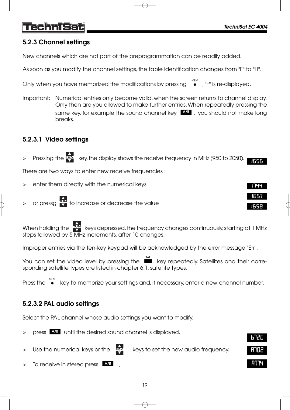 3 channel settings, 1 video settings, 2 pal audio settings | TechniSat EC 4004 User Manual | Page 19 / 35