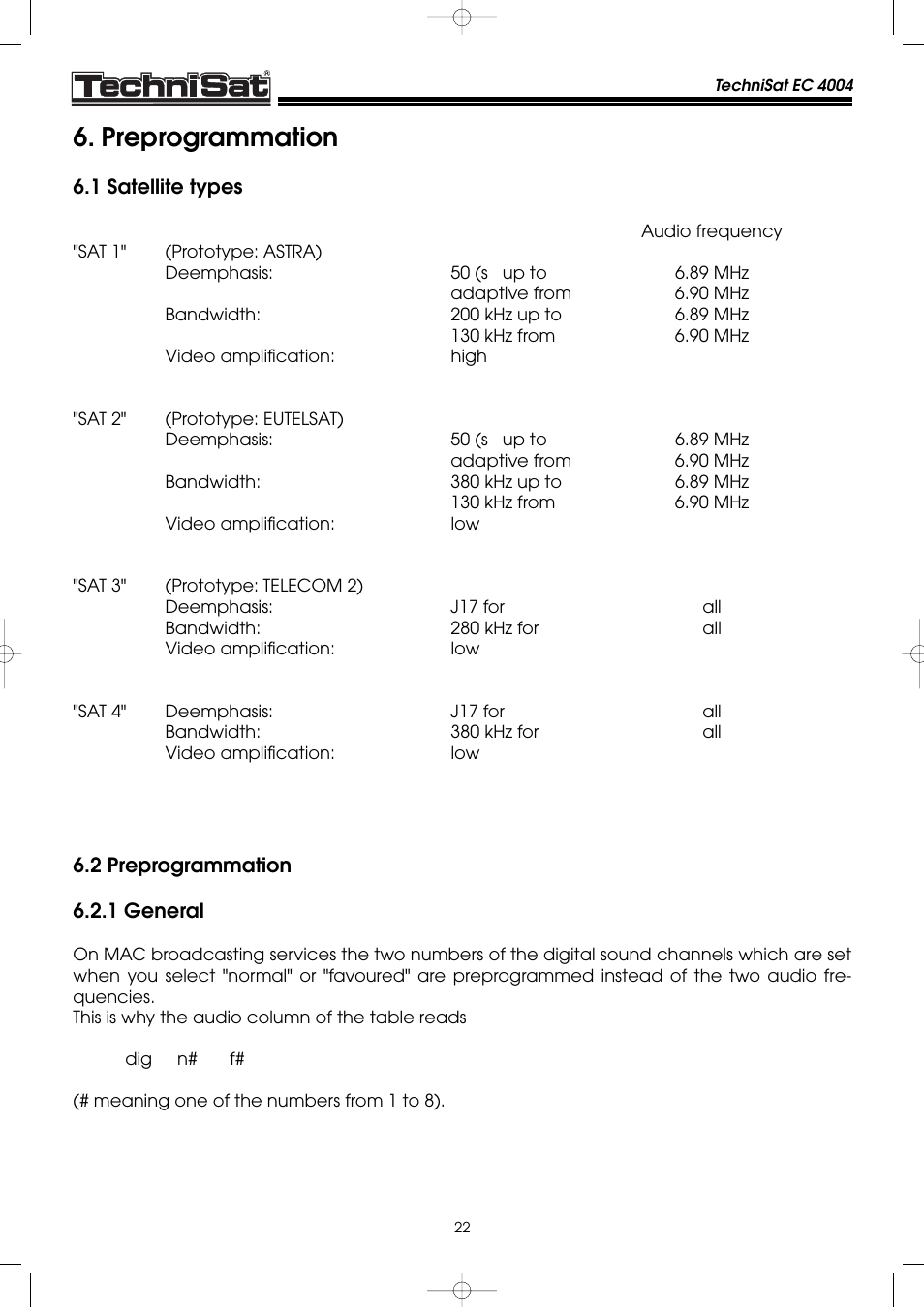 Preprogrammation | TechniSat EC 4004 User Manual | Page 22 / 35