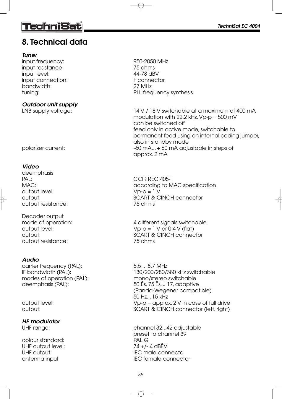 Technical data | TechniSat EC 4004 User Manual | Page 35 / 35