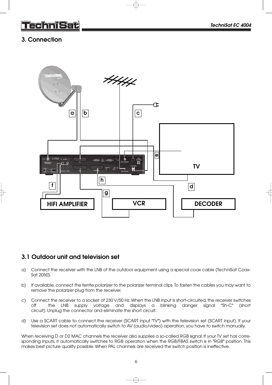 Connection 3.1 outdoor unit and television set, Hifi amplifier decoder tv vcr | TechniSat EC 4004 User Manual | Page 6 / 35