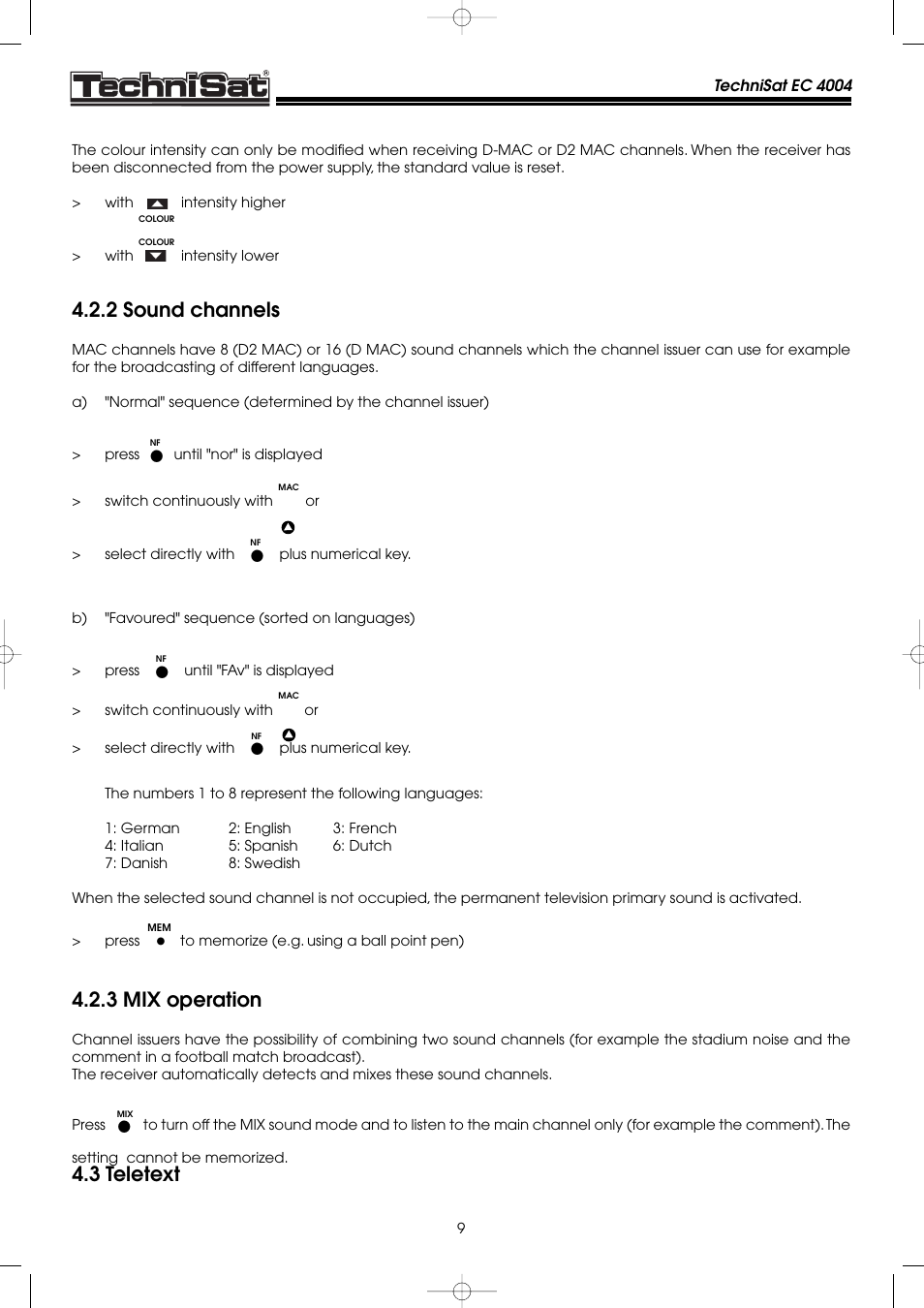 2 sound channels, 3 mix operation, 3 teletext | TechniSat EC 4004 User Manual | Page 9 / 35