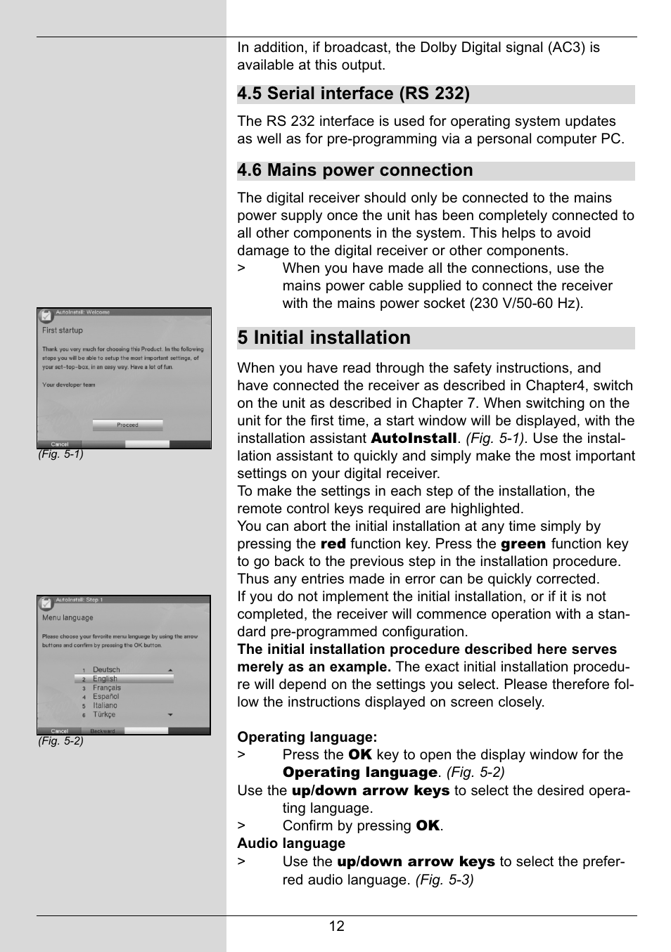 5 initial installation, 5 serial interface (rs 232), 6 mains power connection | TechniSat DIGIT MF4-S User Manual | Page 12 / 74