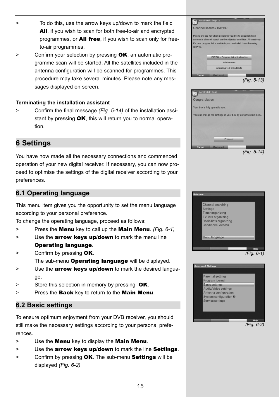6 settings, 1 operating language, 2 basic settings | TechniSat DIGIT MF4-S User Manual | Page 15 / 74