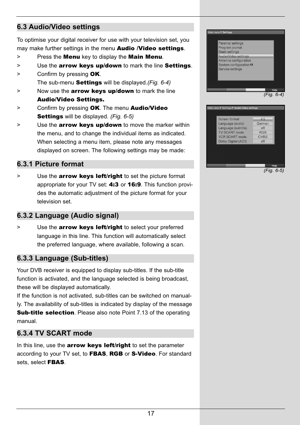 3 audio/video settings, 1 picture format, 2 language (audio signal) | 3 language (sub-titles), 4 tv scart mode | TechniSat DIGIT MF4-S User Manual | Page 17 / 74