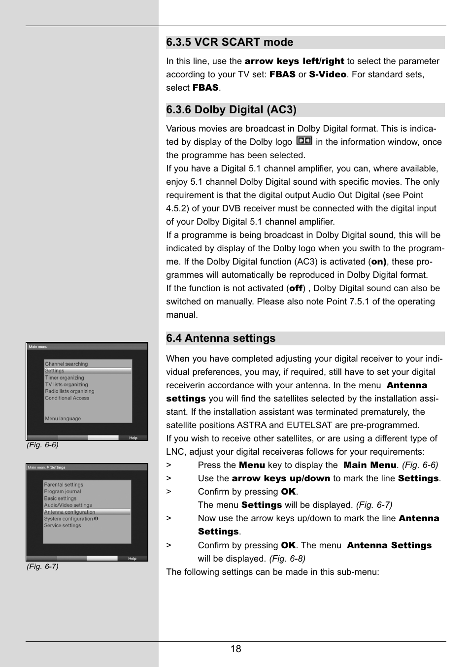 5 vcr scart mode, 6 dolby digital (ac3), 4 antenna settings | TechniSat DIGIT MF4-S User Manual | Page 18 / 74
