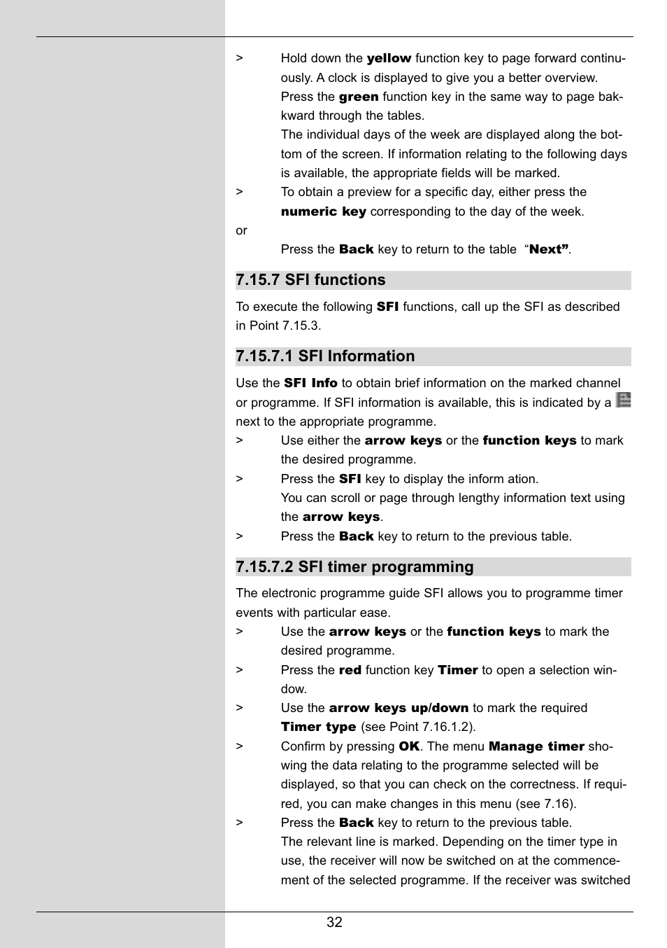 7 sfi functions, 1 sfi information, 2 sfi timer programming | TechniSat DIGIT MF4-S User Manual | Page 32 / 74