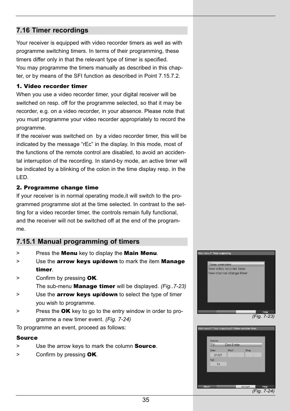 16 timer recordings, 1 manual programming of timers | TechniSat DIGIT MF4-S User Manual | Page 35 / 74