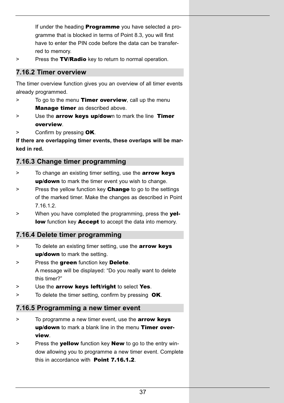 2 timer overview, 3 change timer programming, 4 delete timer programming | 5 programming a new timer event | TechniSat DIGIT MF4-S User Manual | Page 37 / 74