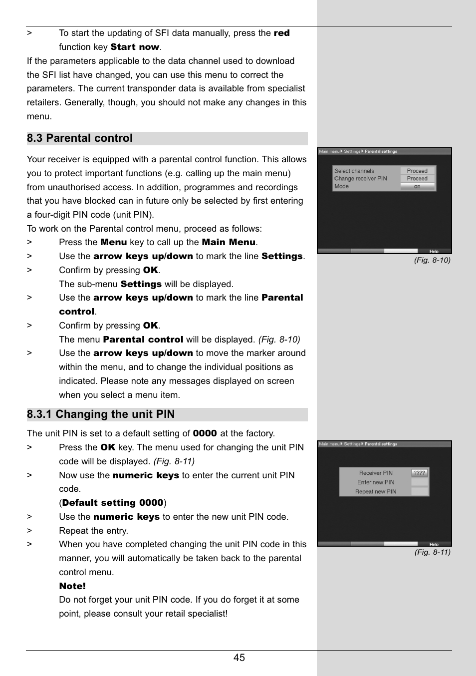 3 parental control, 1 changing the unit pin | TechniSat DIGIT MF4-S User Manual | Page 45 / 74