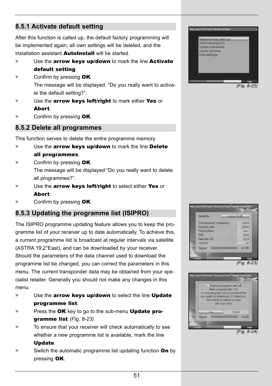 1 activate default setting, 2 delete all programmes, 3 updating the programme list (isipro) | TechniSat DIGIT MF4-S User Manual | Page 51 / 74