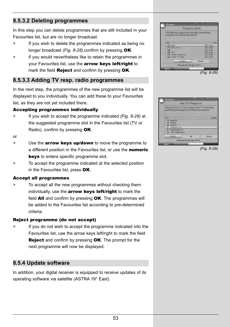 2 deleting programmes, 3 adding tv resp. radio programmes, 4 update software | TechniSat DIGIT MF4-S User Manual | Page 53 / 74