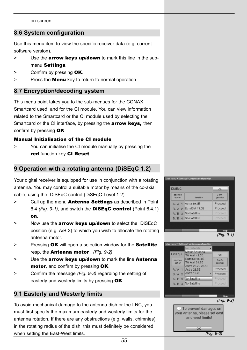 6 system configuration, 7 encryption/decoding system, 9 operation with a rotating antenna (diseqc 1.2) | 1 easterly and westerly limits | TechniSat DIGIT MF4-S User Manual | Page 55 / 74