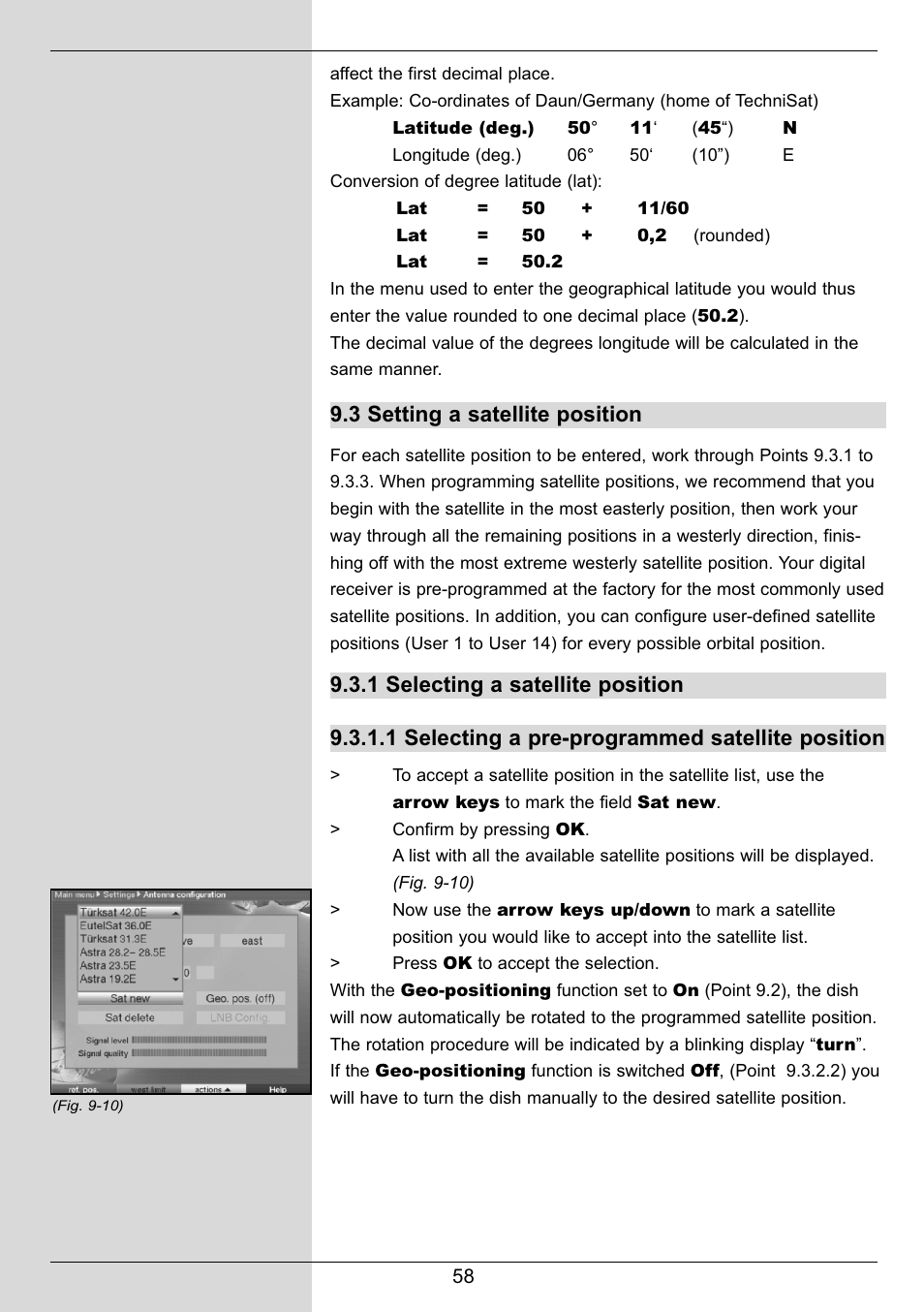 3 setting a satellite position | TechniSat DIGIT MF4-S User Manual | Page 58 / 74