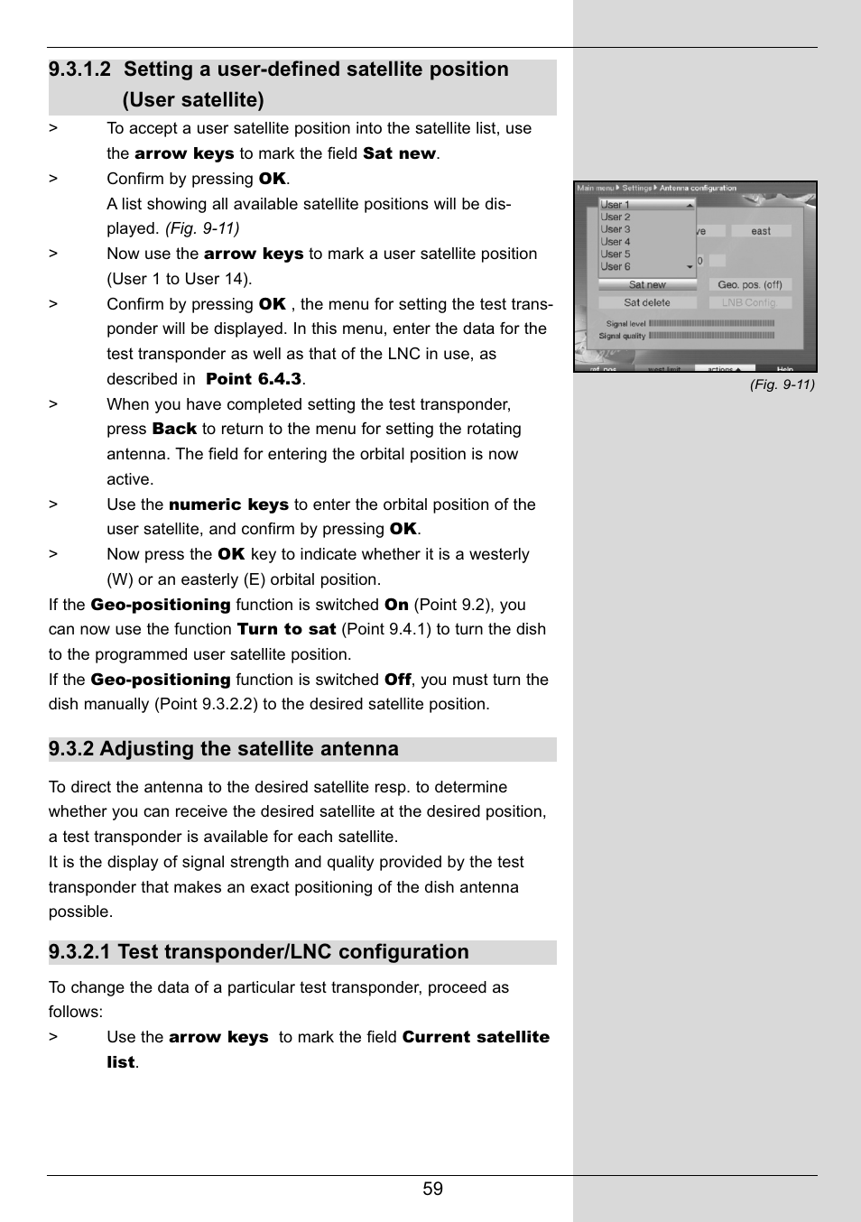 2 adjusting the satellite antenna, 1 test transponder/lnc configuration | TechniSat DIGIT MF4-S User Manual | Page 59 / 74