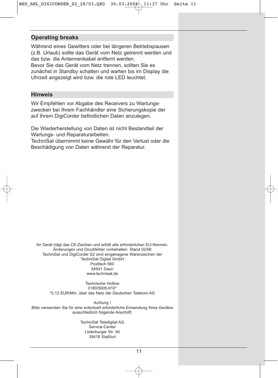 Operating breaks, Hinweis | TechniSat DigiCorder S2 User Manual | Page 11 / 112