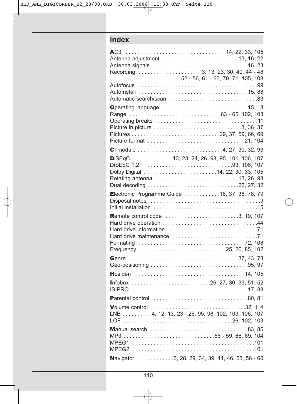 Index | TechniSat DigiCorder S2 User Manual | Page 110 / 112