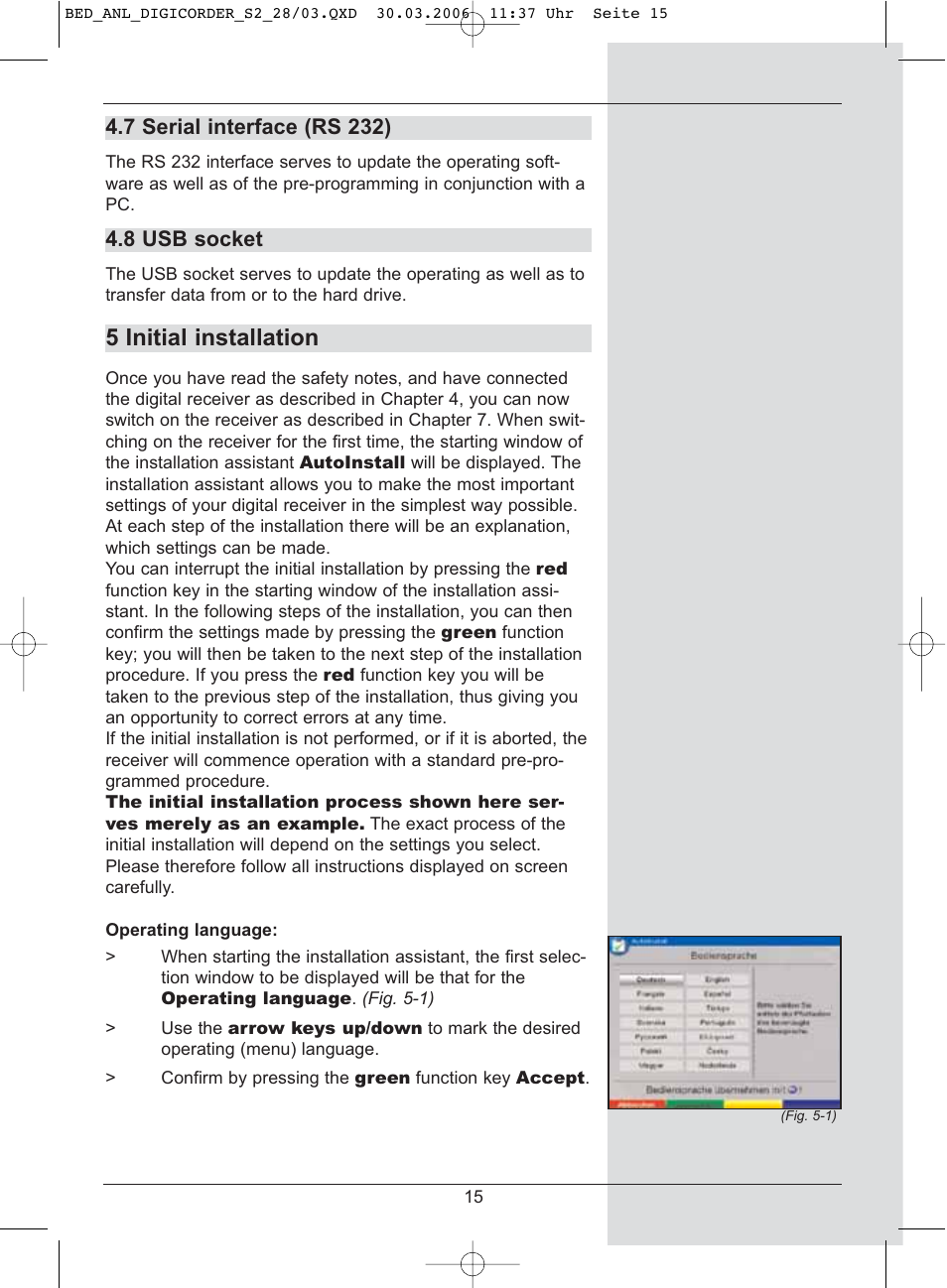 5 initial installation, 7 serial interface (rs 232), 8 usb socket | TechniSat DigiCorder S2 User Manual | Page 15 / 112