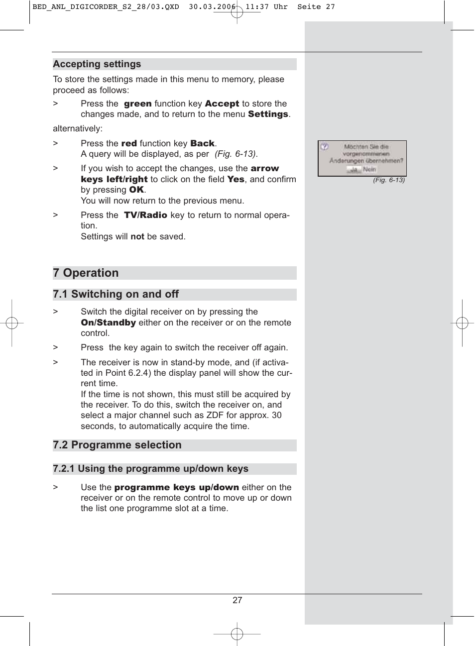 7 operation, 1 switching on and off, 2 programme selection | TechniSat DigiCorder S2 User Manual | Page 27 / 112