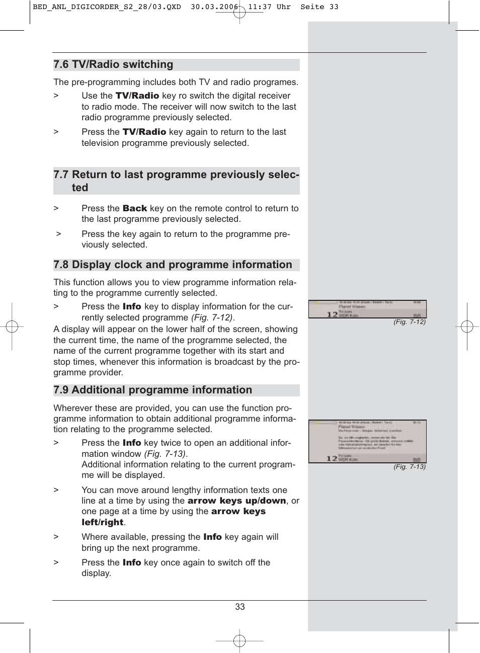 6 tv/radio switching, 7 return to last programme previously selec- ted, 8 display clock and programme information | 9 additional programme information | TechniSat DigiCorder S2 User Manual | Page 33 / 112