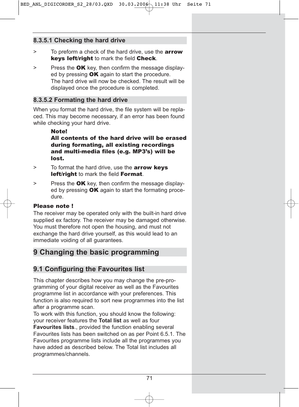 9 changing the basic programming | TechniSat DigiCorder S2 User Manual | Page 71 / 112