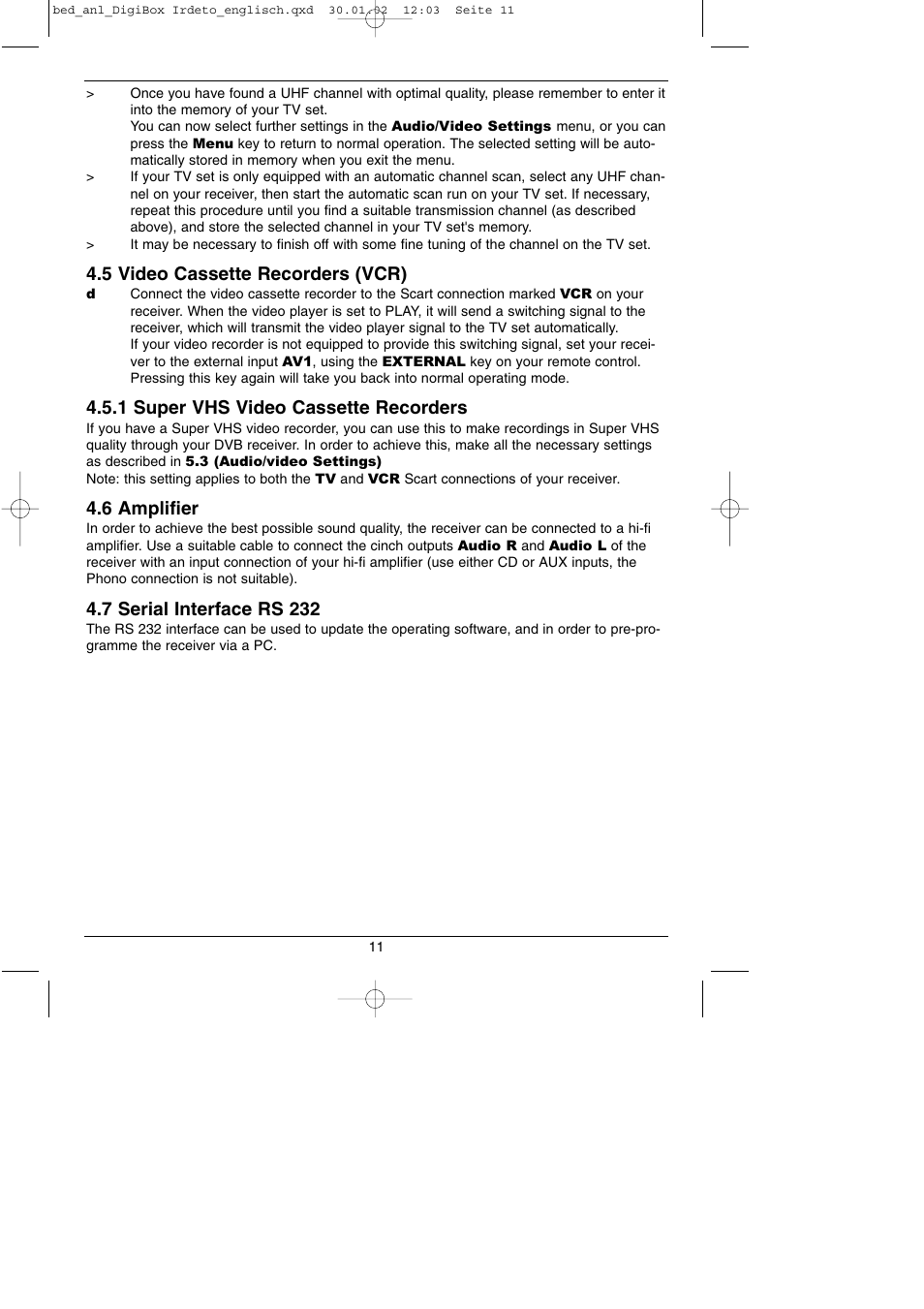 5 video cassette recorders (vcr), 1 super vhs video cassette recorders, 6 amplifier | 7 serial interface rs 232 | TechniSat DigiBox IRDETO Integrated IRDETO User Manual | Page 11 / 46