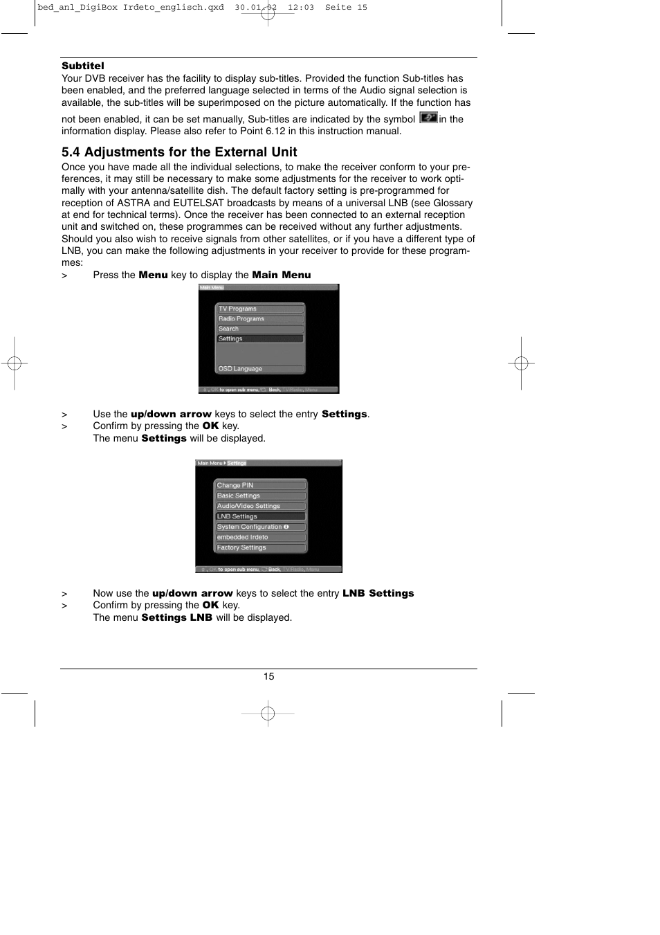 4 adjustments for the external unit | TechniSat DigiBox IRDETO Integrated IRDETO User Manual | Page 15 / 46
