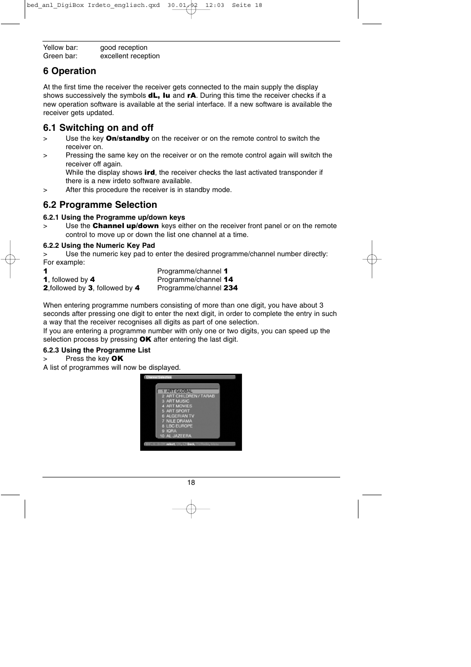 6 operation, 1 switching on and off, 2 programme selection | TechniSat DigiBox IRDETO Integrated IRDETO User Manual | Page 18 / 46