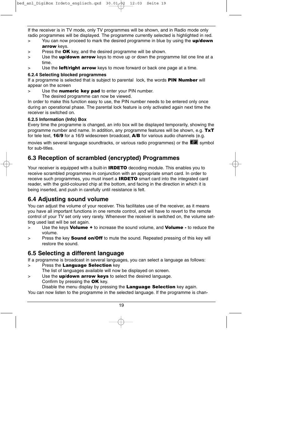 3 reception of scrambled (encrypted) programmes, 4 adjusting sound volume, 5 selecting a different language | TechniSat DigiBox IRDETO Integrated IRDETO User Manual | Page 19 / 46