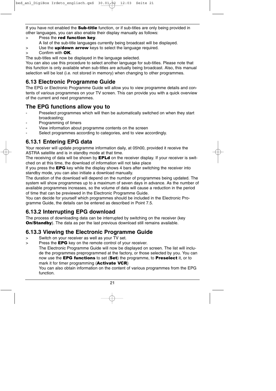 13 electronic programme guide, The epg functions allow you to, 1 entering epg data | 2 interrupting epg download, 3 viewing the electronic programme guide | TechniSat DigiBox IRDETO Integrated IRDETO User Manual | Page 21 / 46
