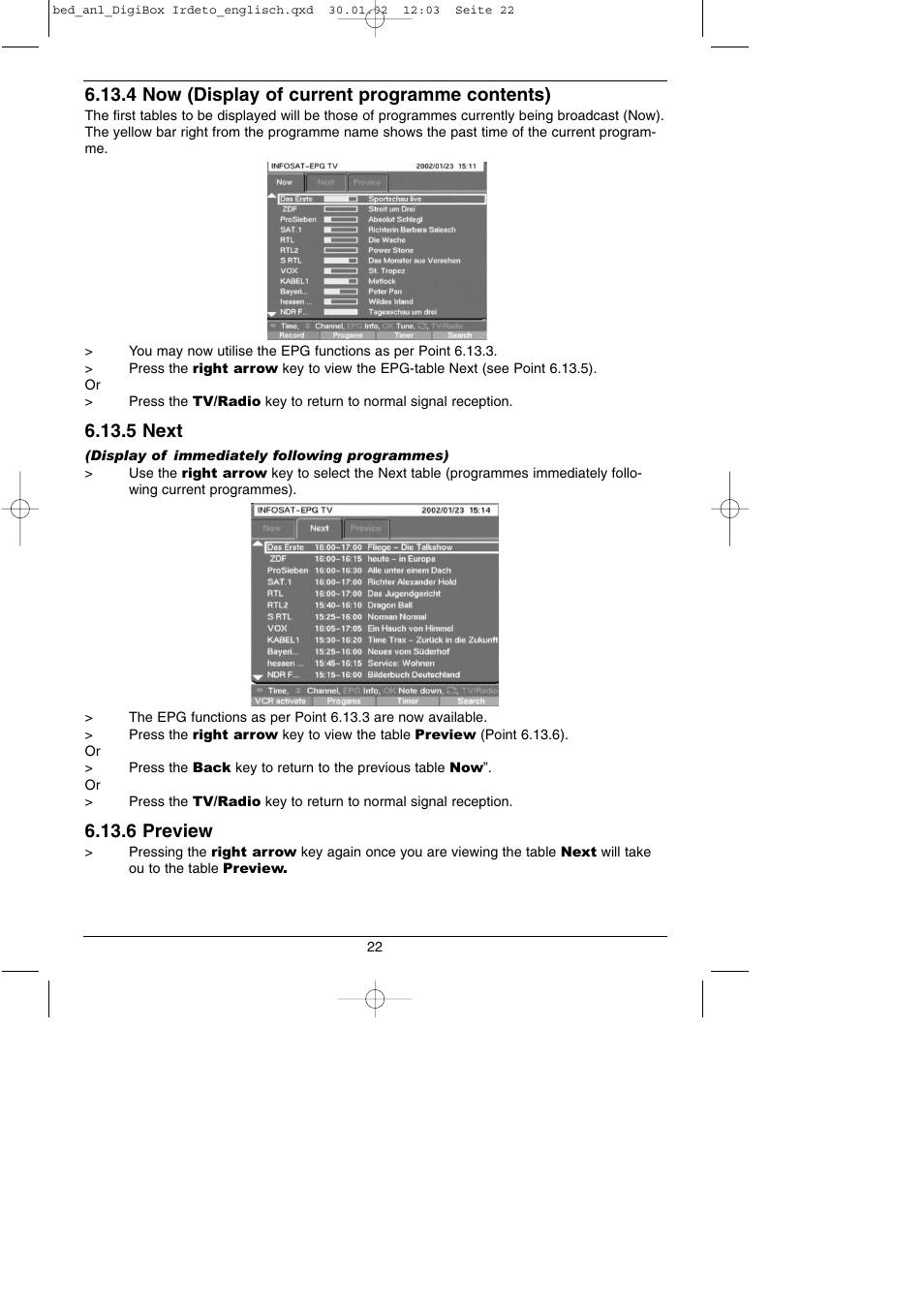 4 now (display of current programme contents), 5 next, 6 preview | TechniSat DigiBox IRDETO Integrated IRDETO User Manual | Page 22 / 46