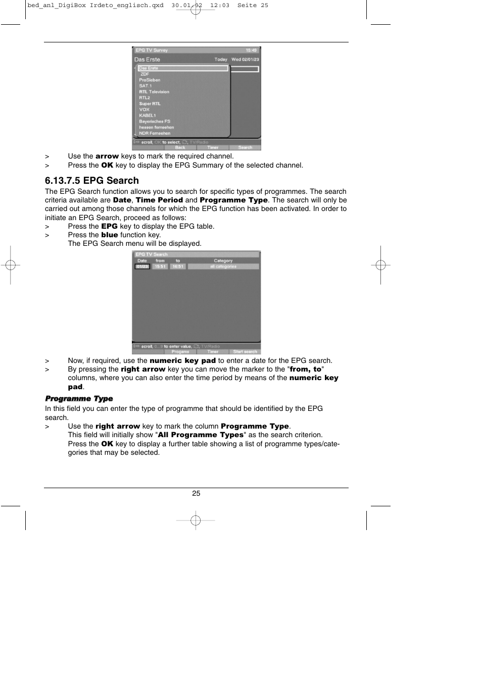 5 epg search | TechniSat DigiBox IRDETO Integrated IRDETO User Manual | Page 25 / 46