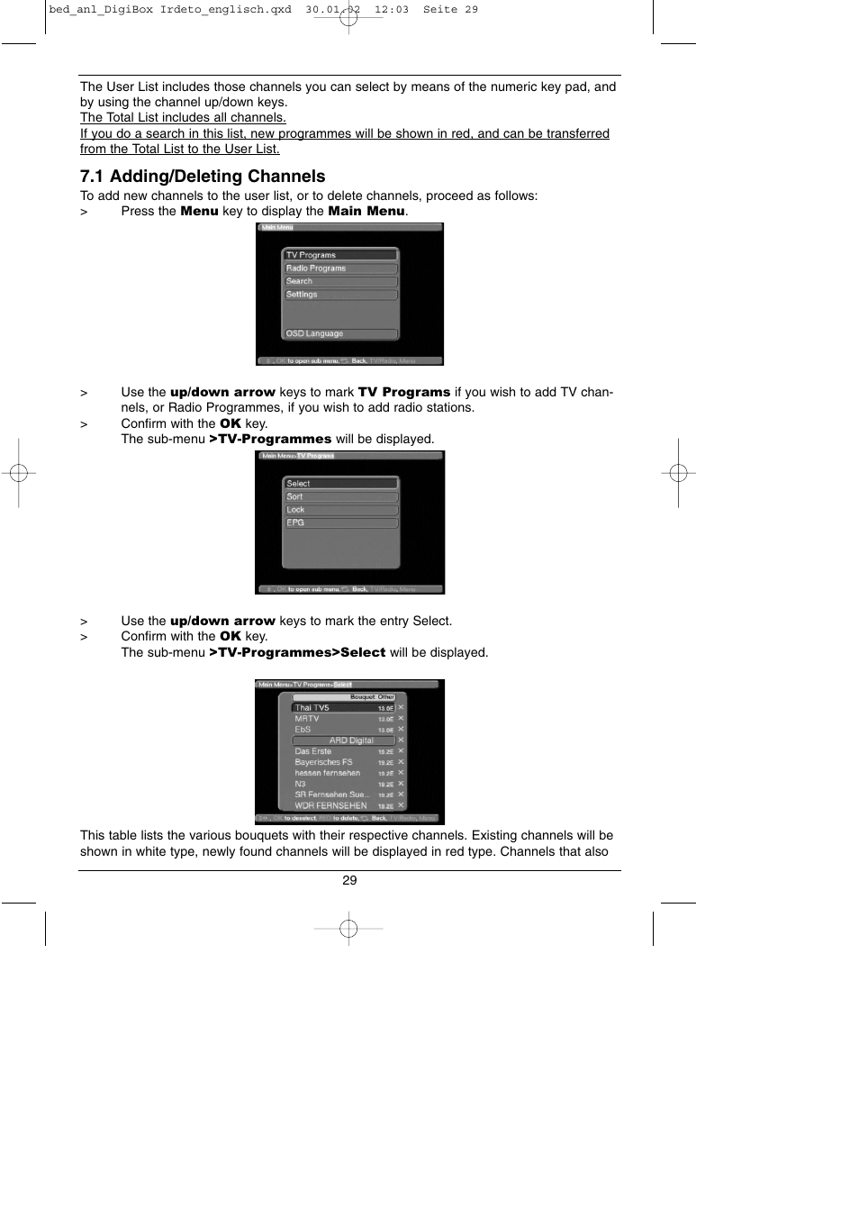 1 adding/deleting channels | TechniSat DigiBox IRDETO Integrated IRDETO User Manual | Page 29 / 46
