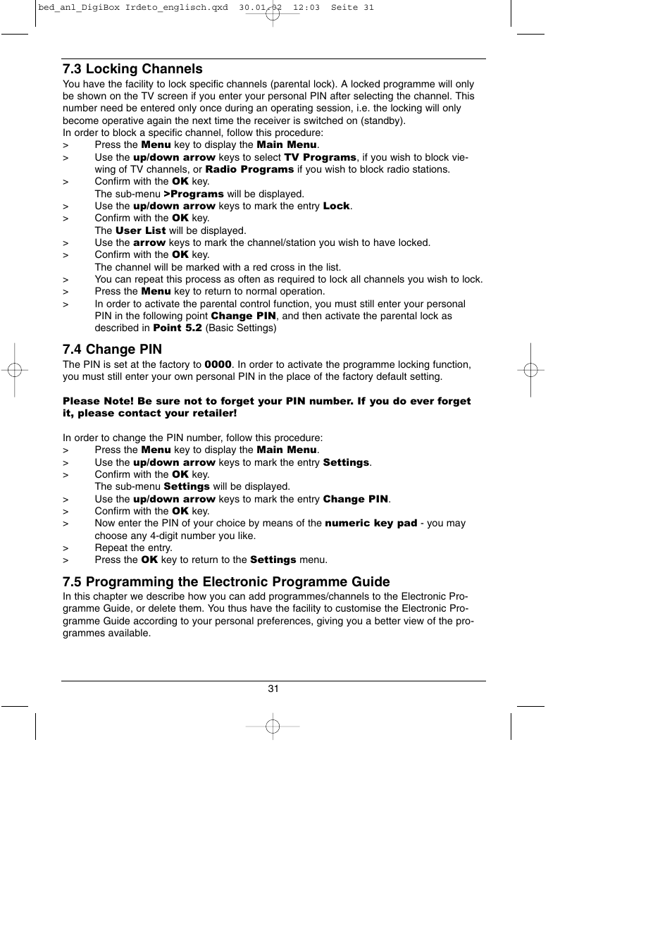 3 locking channels, 4 change pin, 5 programming the electronic programme guide | TechniSat DigiBox IRDETO Integrated IRDETO User Manual | Page 31 / 46