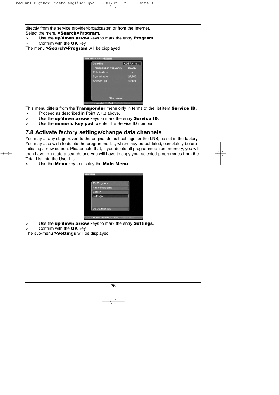 8 activate factory settings/change data channels | TechniSat DigiBox IRDETO Integrated IRDETO User Manual | Page 36 / 46