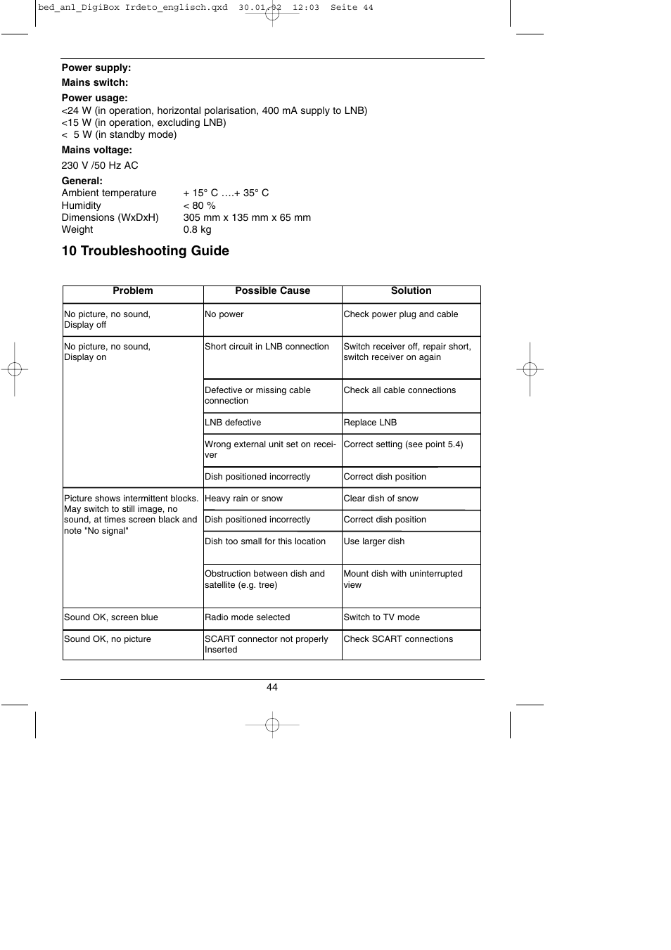 10 troubleshooting guide | TechniSat DigiBox IRDETO Integrated IRDETO User Manual | Page 44 / 46
