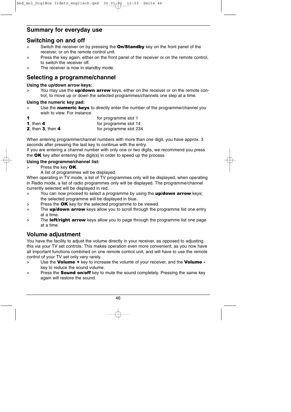 Summary for everyday use switching on and off, Selecting a programme/channel, Volume adjustment | TechniSat DigiBox IRDETO Integrated IRDETO User Manual | Page 46 / 46