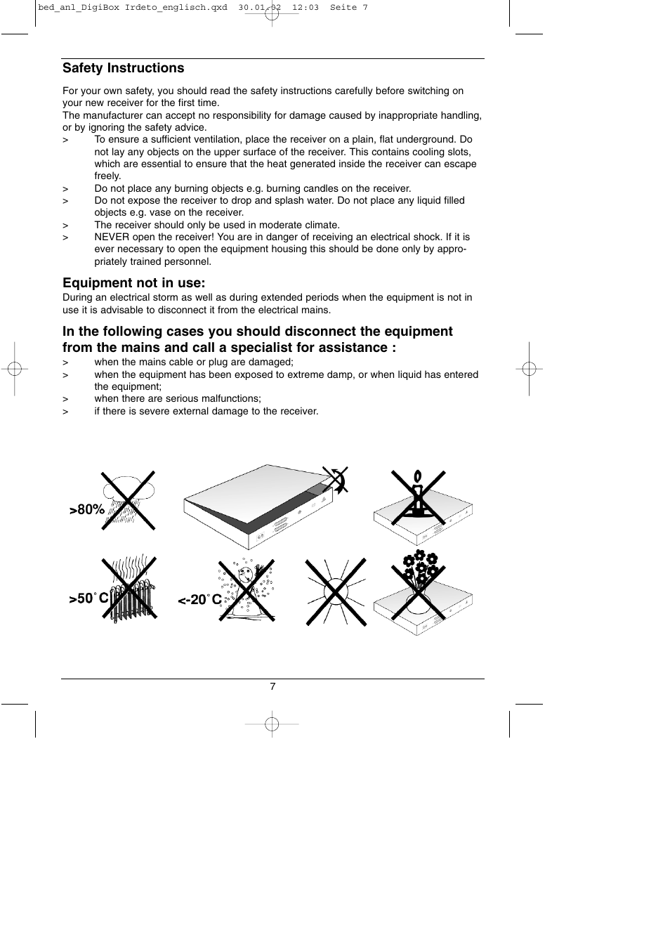 Safety instructions, Equipment not in use | TechniSat DigiBox IRDETO Integrated IRDETO User Manual | Page 7 / 46