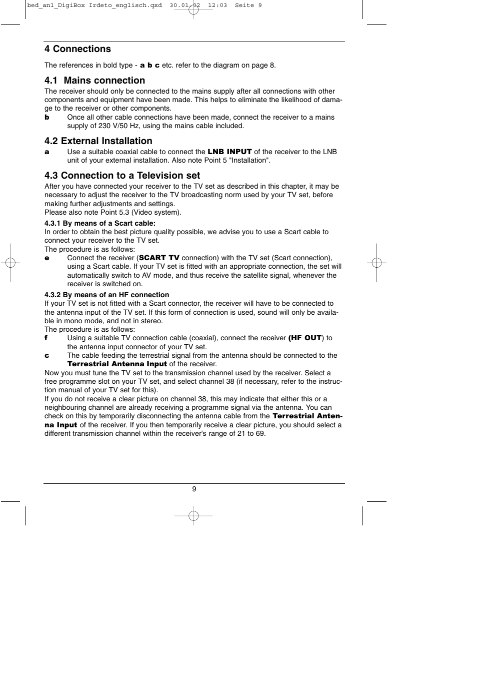 4 connections, 1 mains connection, 2 external installation | 3 connection to a television set | TechniSat DigiBox IRDETO Integrated IRDETO User Manual | Page 9 / 46
