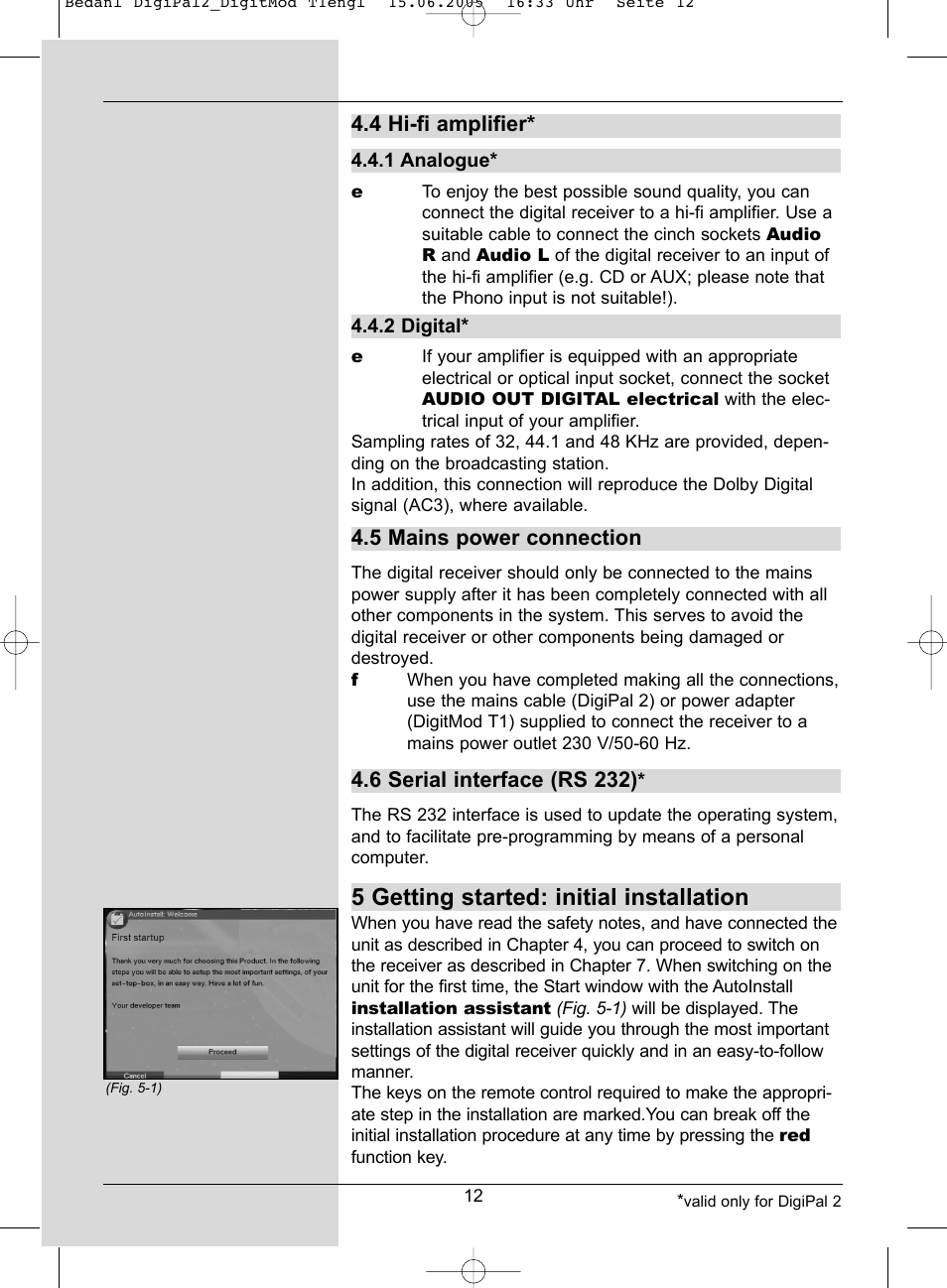 5 getting started: initial installation, 4 hi-fi amplifier, 5 mains power connection | 6 serial interface (rs 232) | TechniSat DigiPal 2 User Manual | Page 12 / 54