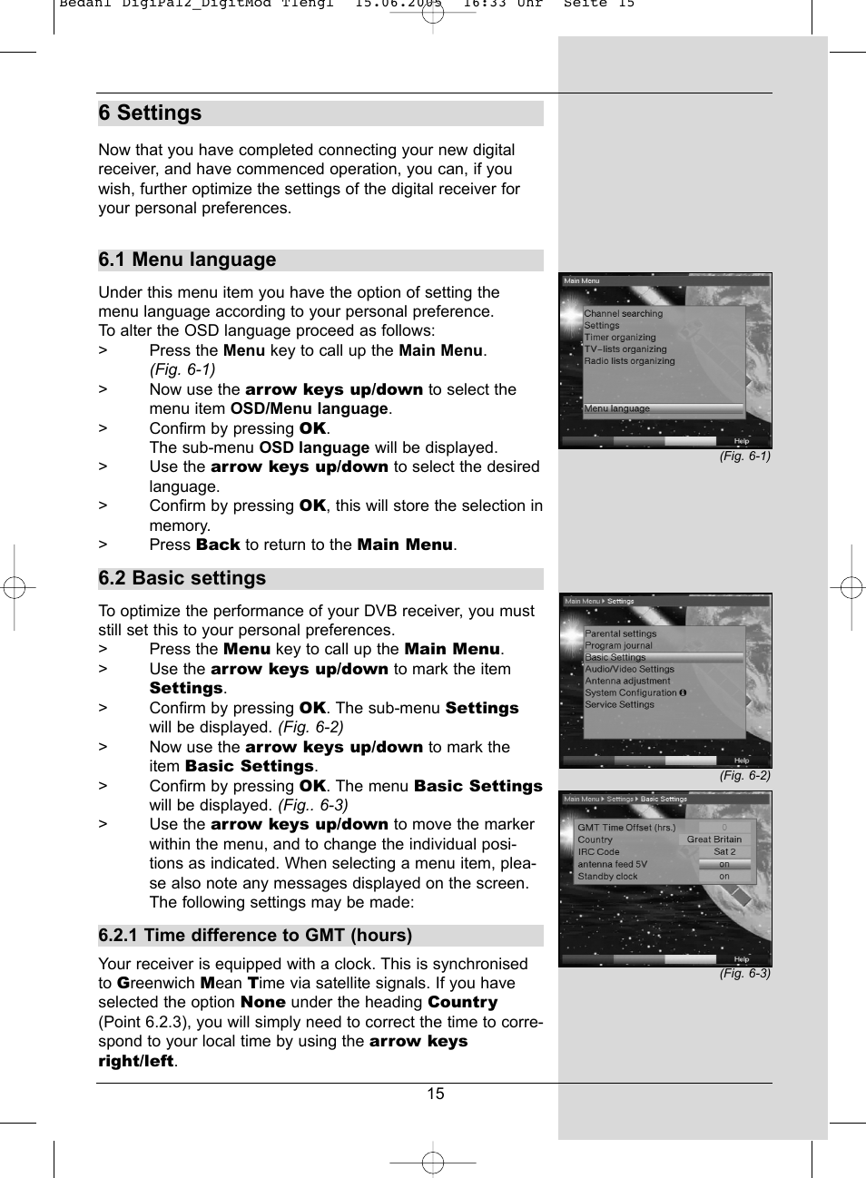 6 settings, 1 menu language, 2 basic settings | TechniSat DigiPal 2 User Manual | Page 15 / 54