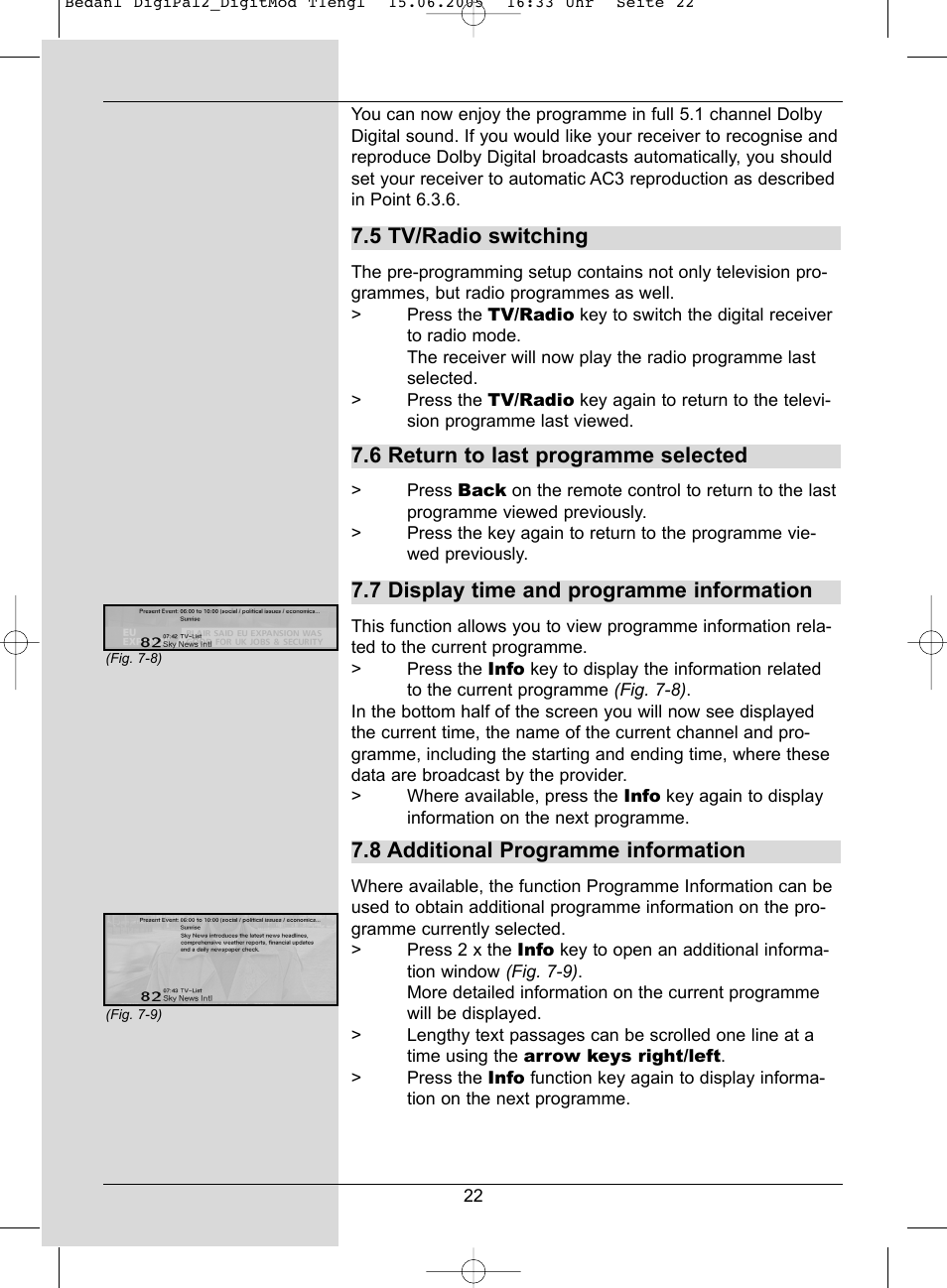 5 tv/radio switching, 6 return to last programme selected, 7 display time and programme information | 8 additional programme information | TechniSat DigiPal 2 User Manual | Page 22 / 54