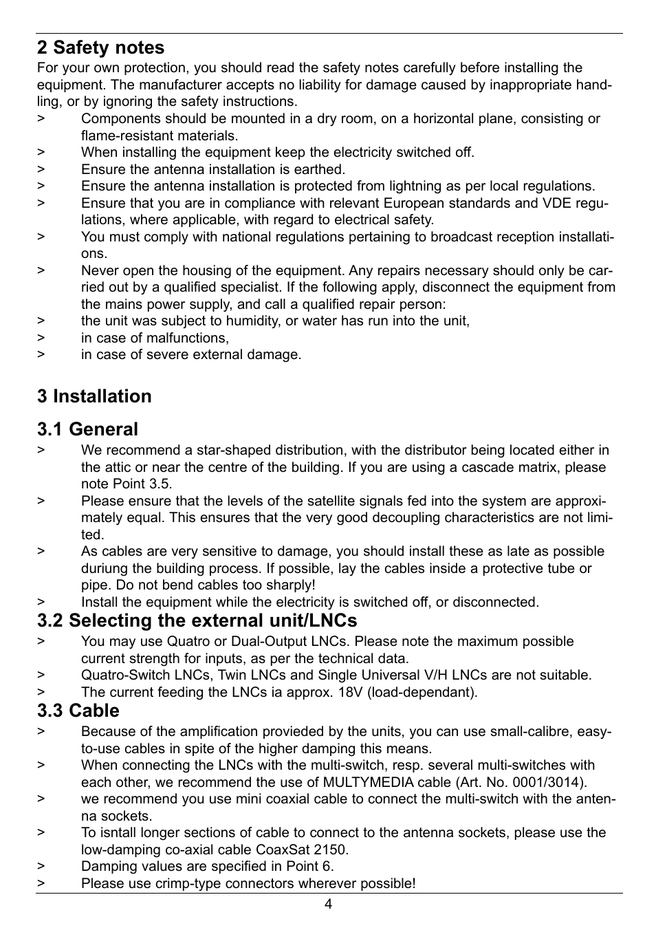 3 installation 3.1 general, 2 selecting the external unit/lncs, 3 cable | TechniSat GigaSwitch 9/8 User Manual | Page 4 / 8