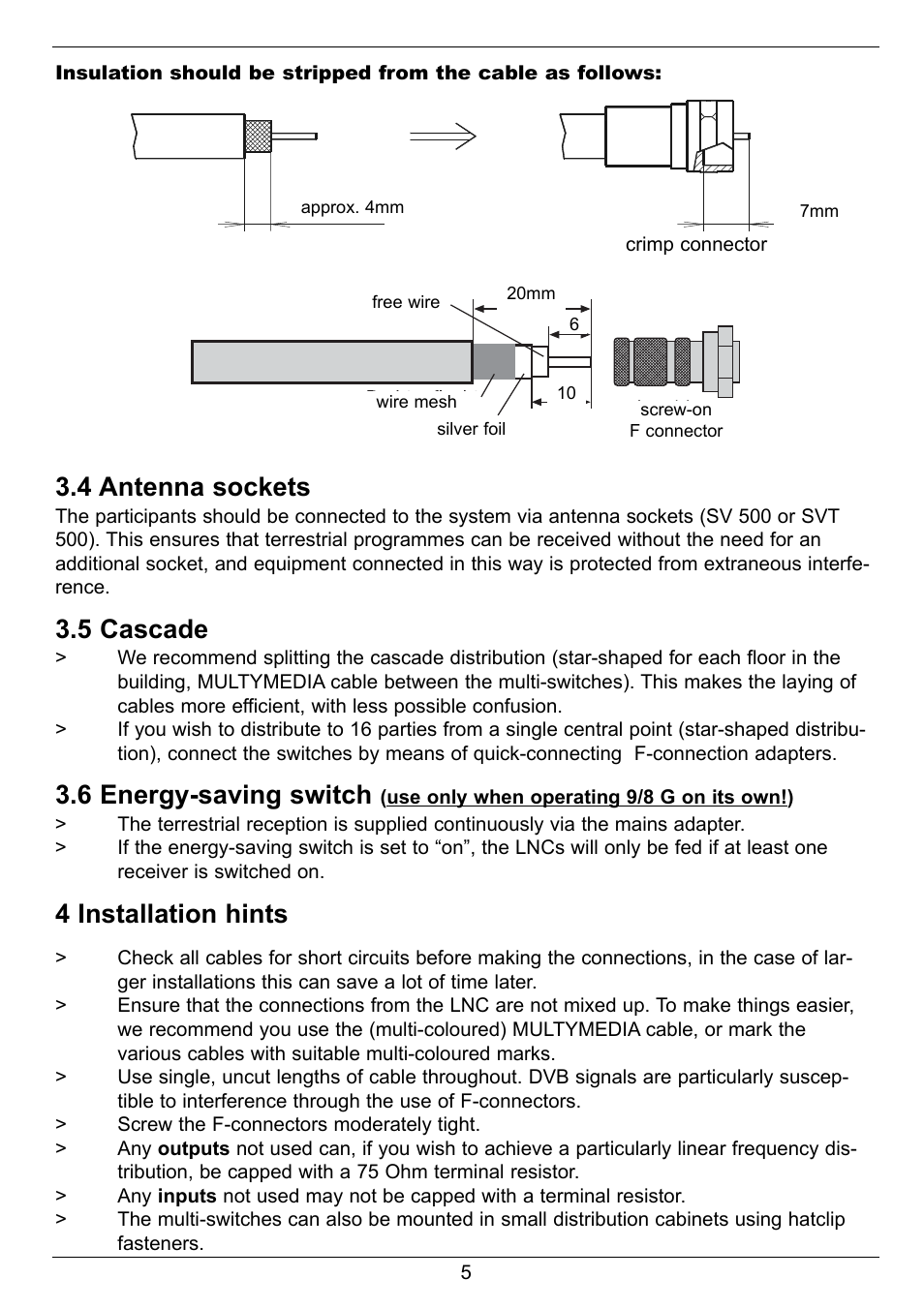 4 antenna sockets, 5 cascade, 6 energy-saving switch | 4 installation hints | TechniSat GigaSwitch 9/8 User Manual | Page 5 / 8