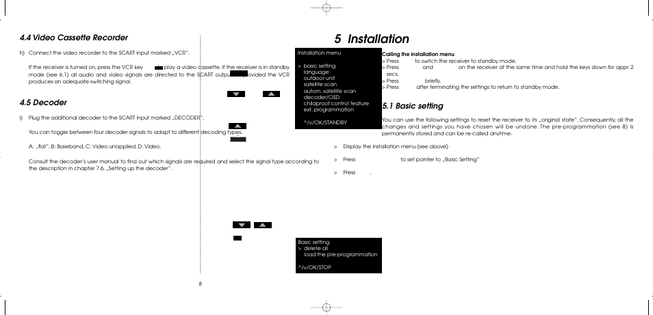 5 installation, 4 video cassette recorder, 5 decoder | 1 basic setting | TechniSat MultyFocus User Manual | Page 8 / 48