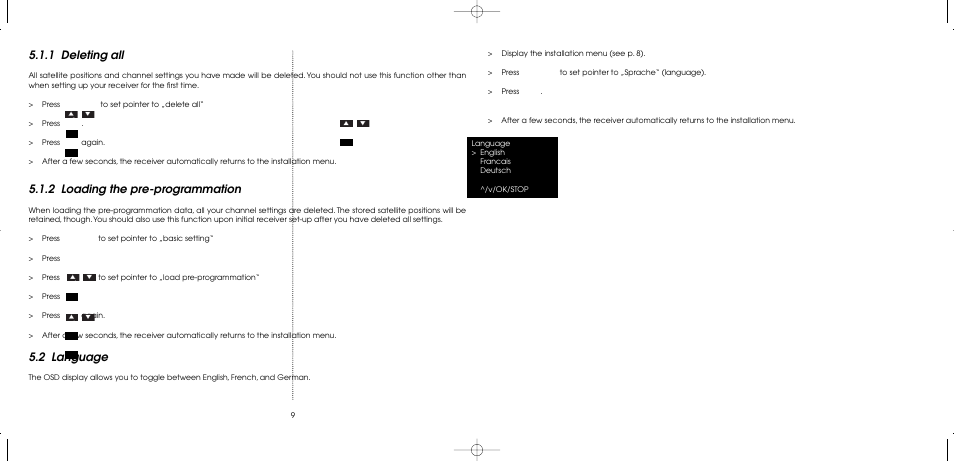 1 deleting all, 2 loading the pre-programmation, 2 language | TechniSat MultyFocus User Manual | Page 9 / 48