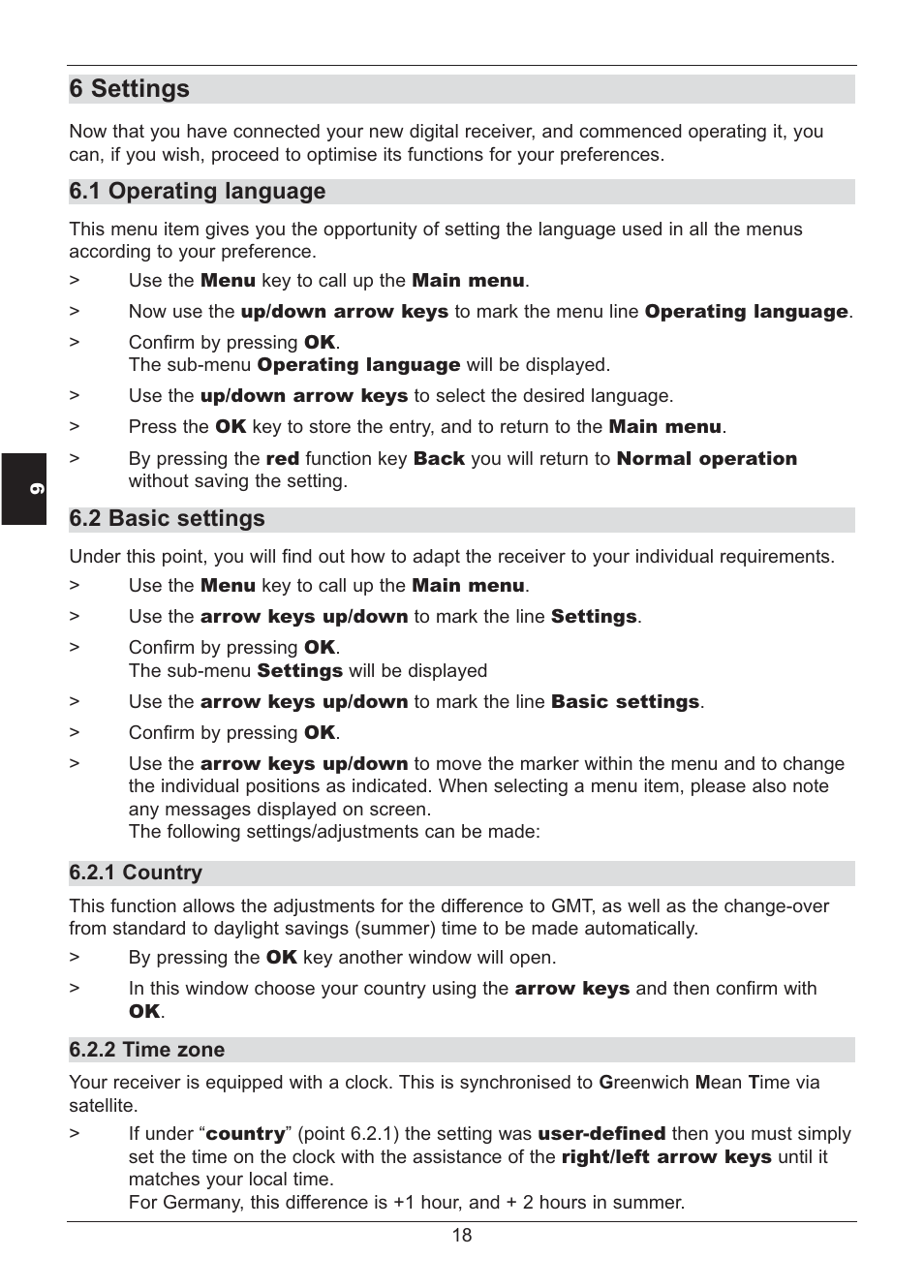 6 settings, 1 operating language, 2 basic settings | TechniSat HD S2X User Manual | Page 18 / 92