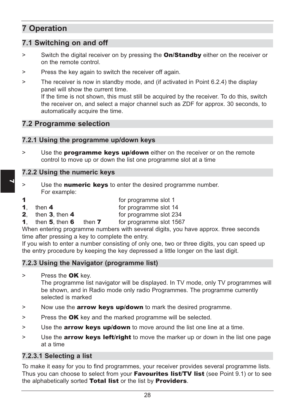 7 operation, 1 switching on and off, 2 programme selection | TechniSat HD S2X User Manual | Page 28 / 92