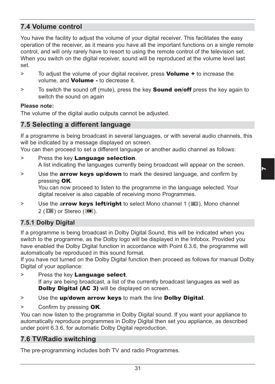 4 volume control, 5 selecting a different language, 6 tv/radio switching | TechniSat HD S2X User Manual | Page 31 / 92