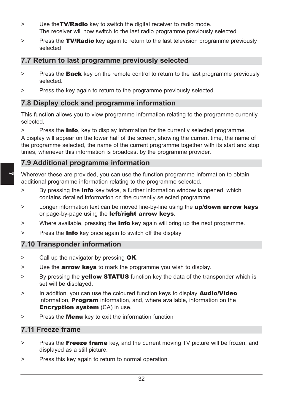 7 return to last programme previously selected, 8 display clock and programme information, 9 additional programme information | 10 transponder information, 11 freeze frame | TechniSat HD S2X User Manual | Page 32 / 92