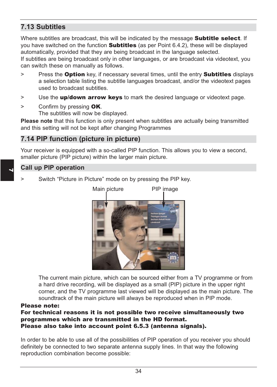 13 subtitles, 14 pip function (picture in picture) | TechniSat HD S2X User Manual | Page 34 / 92